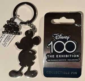 Disney 100 The Exhibition Logo Pin + Mickey Mouse Silver Key Chain NEW WITH TAGS - Picture 1 of 10