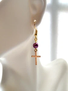 Gold Tone Cross Charm Purple Bead Dangle Hook Earrings Handmade Jewelry Gift Mod - Picture 1 of 7