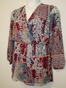 PINK OWL Women's Large Boho Romper Red Blue Floral Peasant Lined Shorts V-Neck  - Picture 1 of 12