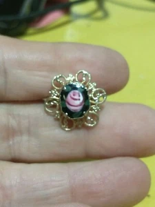 Vtg Gold Tone Wire Faux Cannetille Black Enamel Guilloche Pin Brooch Pink Rose - Picture 1 of 6