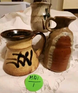 3 SMALL VTG. STUDIO ART POTTERY STONEWARE ( 2 PITCHERS HANDLED & ONE JAR) - Picture 1 of 10
