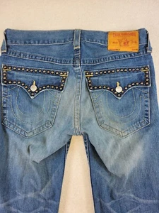 Rare True Religion Mens Jeans Ricky Size 34 Distressed Studded Jeans - Afbeelding 1 van 17