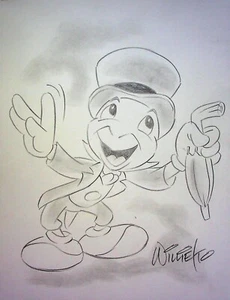 Arte de animación a lápiz de Disney dibujado a mano firmado por Jiminy Cricket Willie Ito - Imagen 1 de 3