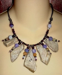 Dinosaur Bone Necklace with Purple Geodes and Dragon Veins - Picture 1 of 2