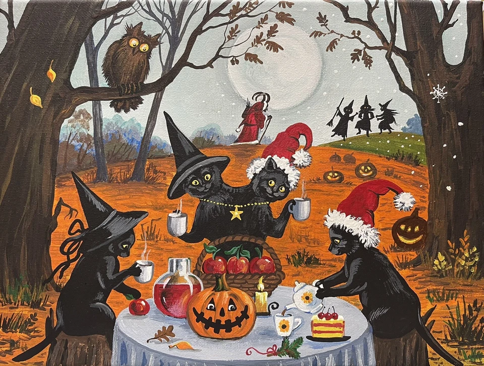 ACEO PRINT OF PAINTING RYTA HALLOWEEN BLACK CAT Samhain Xmas Krampus folk art 🍁 - Image 1 of 1