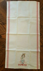 Vintage Red & White Sunday Kitchen Hand Towel - Hand Embroidered - Picture 1 of 5