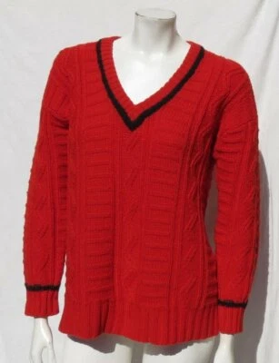 Antigo CALVIN KLEIN Sport Feminino Vermelho 100% Lã Suéter Chunky Malha Decote V EUA S EUC - Imagem 1 de 4