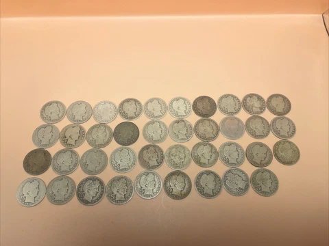Lot of 39 Different Dates 1892-1916 25c Barber Silver Quarter Dollars Circulated Cover