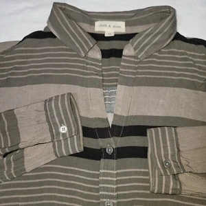 Cloth and Stone Anthropologie Tan Black Green Stripe Button Down Sz M Rayon - Picture 1 of 13