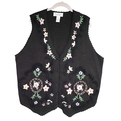 复古 90 年代多色花卉刺绣串珠大码针织毛衣背心 18W — 第 1/4 张图片