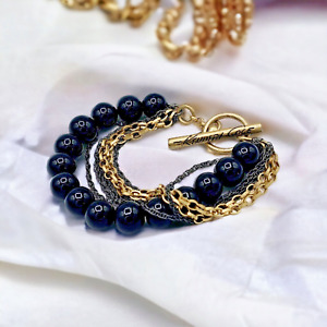 Kenneth Cole Bracelet Brass Black Glass Bead Multi Chain Toggle Fashion Jewelry