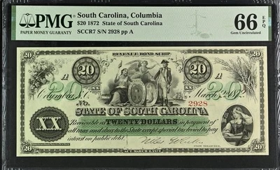 1872 Cr.7 $20 The State of SOUTH CAROLINA Note - PMG Gem 66 EPQ - Image 1 of 2