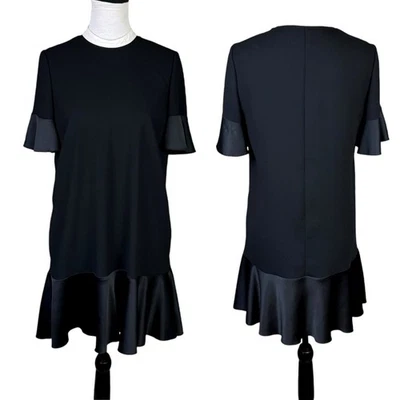 Red Valentino 8/10 Black Short Sleeve White Trim Collar Ruffle Hem Mini Dress - Image 1 of 4
