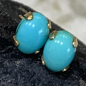 Orecchini Vintage Bella Addormentata Turchese Oro Massiccio 14k Borchia Cabochon 1,01gr 7x5mm - Foto 1 di 10