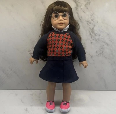 American Girl Doll Molly McIntyre 18” Red Plaid Sweater Navy Blue Skirt Glasses - Image 1 of 4