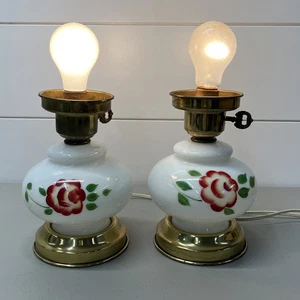 Vintage Brass and White Glass Table Lamp Handpainted Roses 12" H - Picture 1 of 17