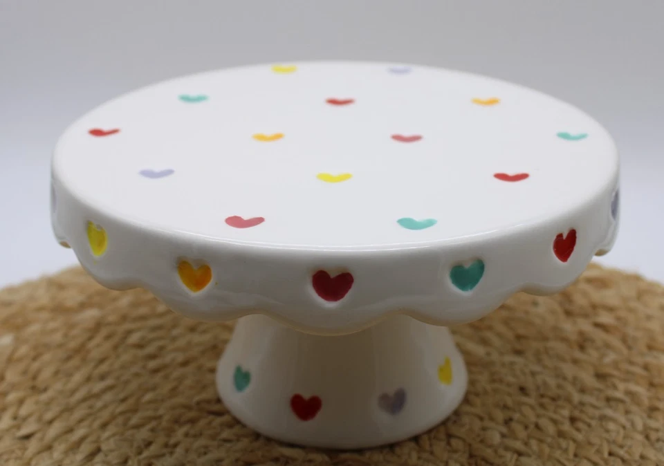 Lang Rainbow HEARTS on White Valentine's Day Ceramic CAKE STAND Hand Painted 4x7 - Image 1 of 4