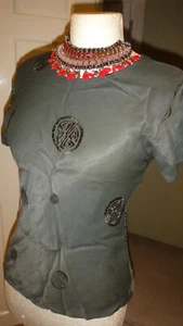 NOUGAT DARK GREEN SATIN EMBROIDERED TOP SIZE S-M, UK 8-10 - Picture 1 of 11