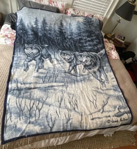 Biederlack Überwurf Kuscheldecke James Hautman Wölfe Wolf Wende Blau USA - Bild 1 von 5