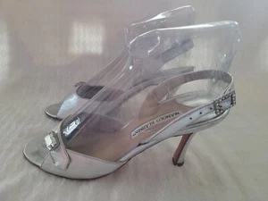 Sandalias ManoloBlahnik Swarowski cristal plateado cuero alto heelNYEHolidayParty 38,5/US8 - Imagen 1 de 23