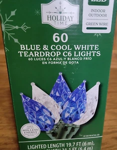 Holiday Time 60 Blue and Cool White Teardrop LED C6 Lights New - Picture 1 of 2