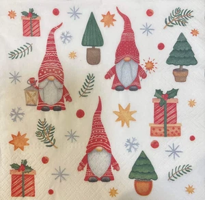Two Luncheon Paper Napkins For Decoupage - Christmas Santa Gnomes Free Shipping - Picture 1 of 7