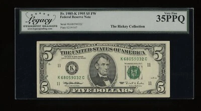DBR 1995 $5 FRN Dallas Fr. 1985-K Legacy 35 PPQ Serial K68059032C - Image 1 of 2