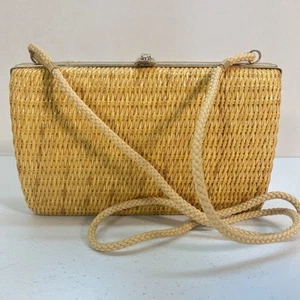 Pochette pochette vintage rattan naturale vimini e lino Made in Italy con cinturino cordino - Foto 1 di 8