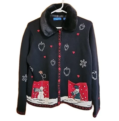 Cárdigan deportivo de Navidad Karen Scott muñecos de nieve suéter abotonado cuello de piel sintética L Foto 1 de 4