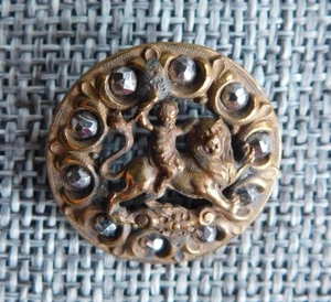 Antique Vtg Button Boy Riding Lion Steal Rivets Open Work Aprx: 1" #709-D - Picture 1 of 5