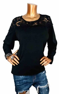 Sexy Blusa Carmen Marc Valvo 1X Plus Negra Elastizada Encaje Yugo Mangas Largas Foto 1 de 4