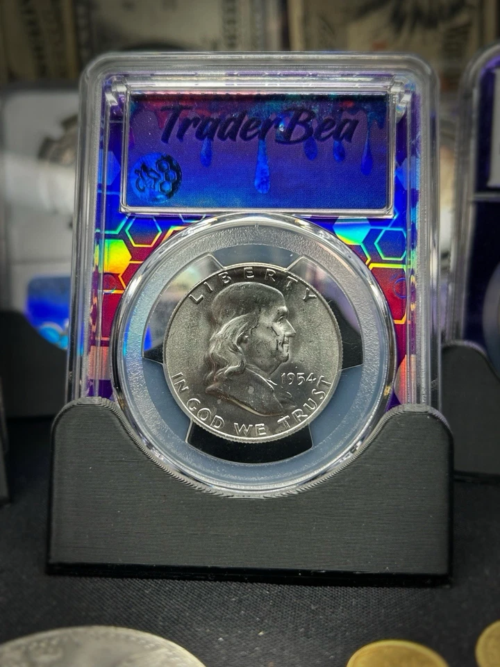💥PCGS MS63💥 1954-D Franklin Half Dollar Trader Bea Purple Core Slab👀 - Image 1 of 4