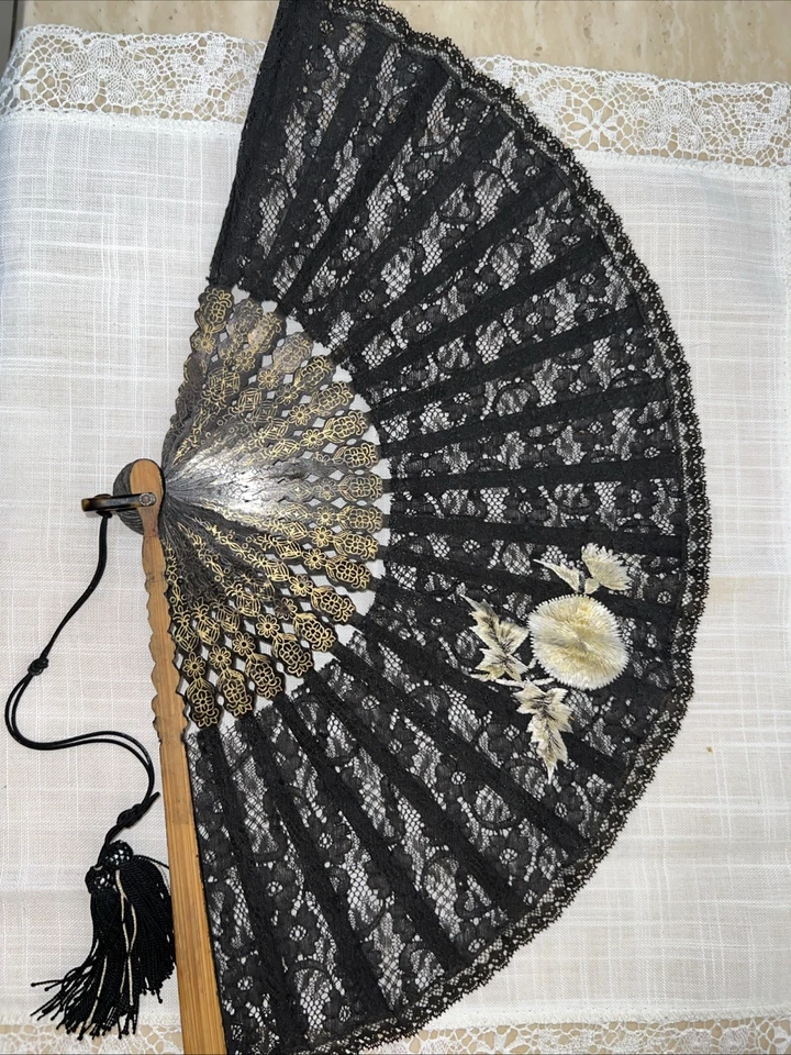 Black Lace Hand Fan with Wooden Handle and Tassel - Image 1 of 4
