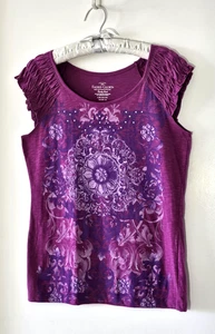 Camiseta sin mangas para mujer Faded Glory púrpura manga gorra talla L (12-14) mandala pedrería - Imagen 1 de 8