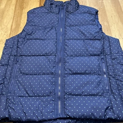 Laura Scott XL 海军蓝 Puffer 背心圆点全拉链口袋二手状况完好 — 第 1/4 张图片