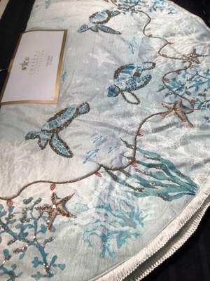 "Falda de árbol de Navidad costera con cuentas 52"" tortugas marinas peces estrella vida marina" Foto 1 de 4