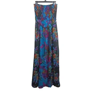 Vintage Floral Maxi Dress Womens Large Blue Braided Belt Y2K Bohemian Tube Top - Picture 1 of 7