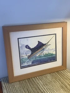 GUY HARVEY FRAMED ART PRINT RED FEATHER JUMPING FISH 11X14 MATTED CLEAN VG - Picture 1 of 13