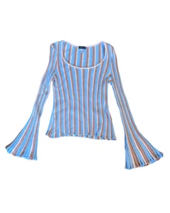 Venus XL Tan and Blue Ribbed Vertical Stripe Sweater Bell Sleeve - Picture 1 of 2