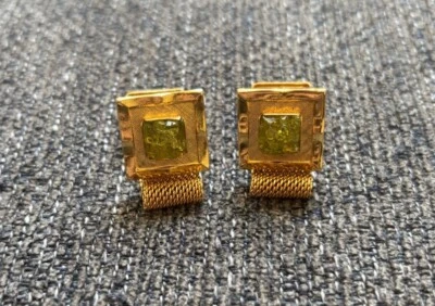 Cadena de gemelos vintage de piedra preciosa verde tono dorado para hombre Foto 1 de 4