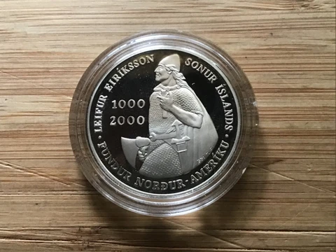 2000 P Leif Ericson Proof 90% Silver 1000 Kronur Iceland in Mint Capsule Cover