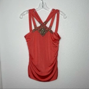 Cache Coral Orange Silky Top with Stone Embellishments size S - Picture 1 of 9