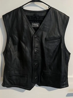 Chaleco Vintage Versace V2 Clásico Cuero Pelle Genuino Abotonado Talla 54 2pac Foto 1 de 4