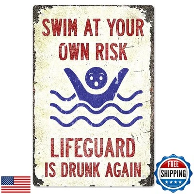 Pool Sign-'Swim at Your Own Risk'-Vintage Metal Funny Metal Signs for Decor O Foto 1 de 4