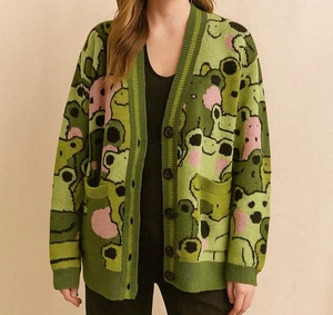 Steady Hands At My Lilypad Cardigan Sweater Womens Medium Green Frog Strawberry - Picture 1 of 7