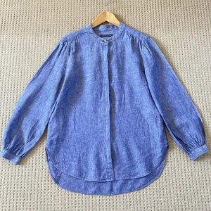 M&S Pure Linen Shirt Blouse Gathered Sleeves Artisan Workwear Chambray UK 12 - Picture 1 of 13