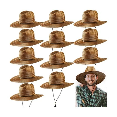 Funtery 12 Pack Straw Hat for Men Summer Large Brim Farmer Beach Sun Protecti... - Image 1 of 4