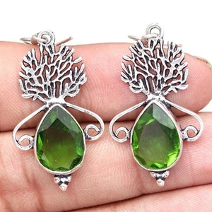 Peridot Quartz Gemstone Handmade Gift For Her Silver Jewelry Earrings 2" - Picture 1 of 5