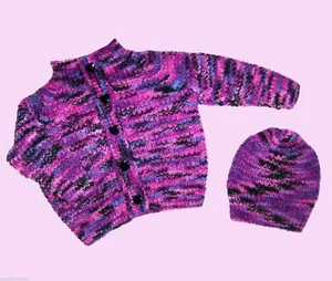 Baby Jacke + Mütze  2 Teile Gr 62 68 Strickjacke pink lila meliert handmade neu - Bild 1 von 5