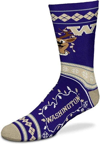 Washington Huskies NCAA Ugly Christmas Sweater Stripe Holiday Crew Socks - Large Cover